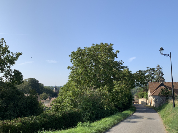 Entrée dans Chambray. On distingue à gauche la flèche de la tour-clocher carrée de l'église Saint-Martin.