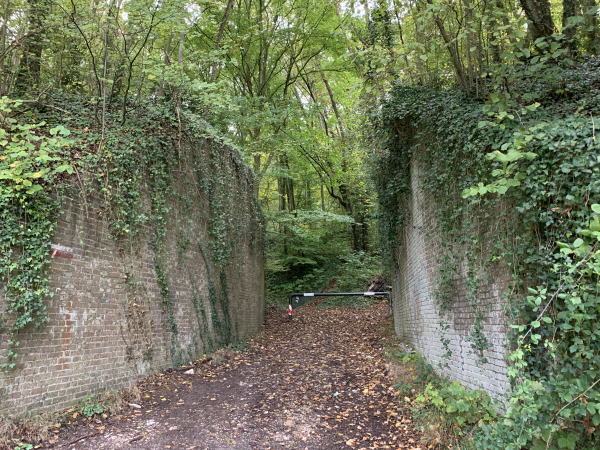 Nous franchissons cet ancien pont ferroviaire pour entrer en forêt. On voit à gauche une balise de l'accès au GR26.