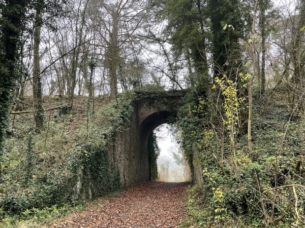 Nous passons sous l'ancienne ligne ferroviaire de la Trinité-de-Réville à Lisieux qui suivait la vallée de l'Orbiquet. La ligne a été fermée aux voyageurs en 1934 et aux marchandises en 1956.