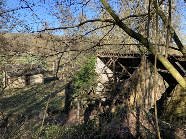 Ce ne sont pas les moulins qui manquaient le long de cette rivière, en voilà encore un. Sa toiture écroulée laisse apercevoir les anciennes roues à courroie. Le chemin s'appelle Chemin du Moulin à Tan, et plusieurs moulins permettaient de broyer l'écorce de chêne pour le tannage des peaux de la tannerie Derme de Broglie.