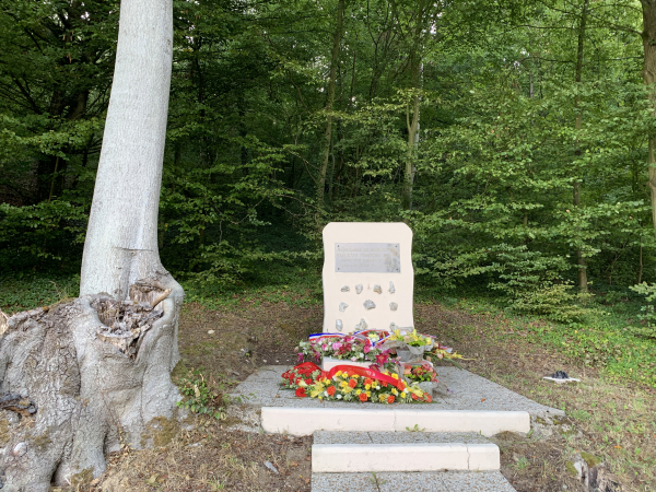 Nous passons devant la stèle dédiée aux Maquisards de Barneville. Rassemblés par Albert Lacour, ces résistants de la rive gauche s'installent dans la marnière du bois de la Fromagerie. En 1943, ils tombent sous les balles allemandes.