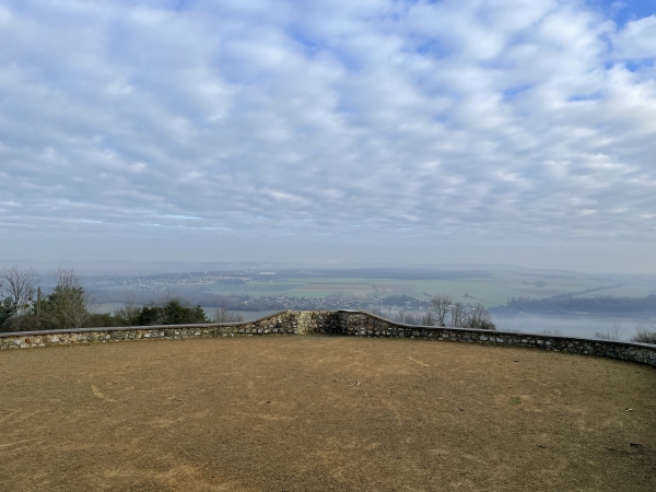 Ce n'est pas une journée idéale pour profiter du panorama, nous verrons mieux la vallée de la Seine dans la descente. La table d'orientation est cassée, mais est toujours présente dans l'album de la rando, répertoire 2012.