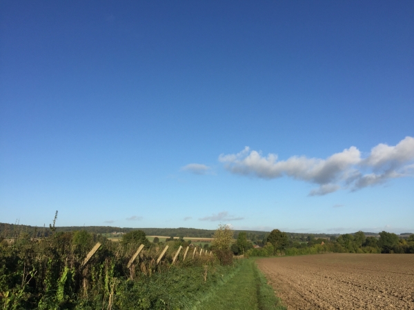 L'ancienne ligne ferroviaire n'est plus accessible, nous suivons donc ce chemin le long des champs en direction de la D9.