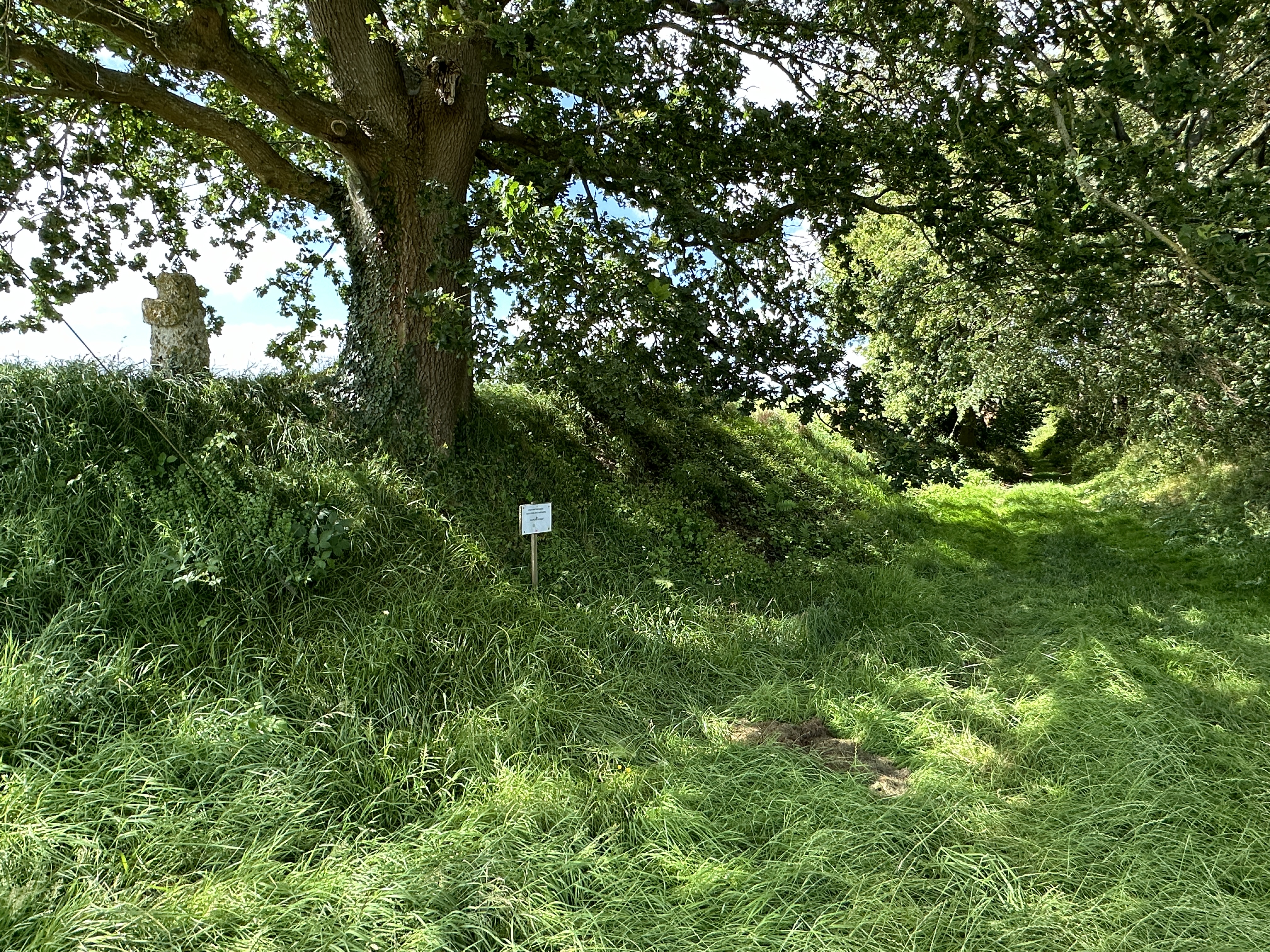 Sur le plateau, nous rejoignons la rue de la Croix du Thil, et la quittons pour suivre ce chemin. A gauche, on peut voir un vieux calvaire en pierre. Ce n'est pas la Croix du Thil, ce nom est celui d'un hameau au bout de la rue.