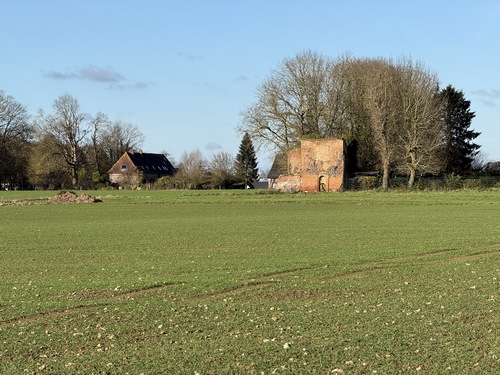Depuis la D53, on distingue quelques vestiges de dépendances de l'ancien château de Coqueréaumont, détruit après un incendie.