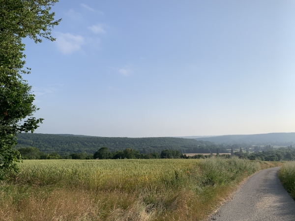Montée dans le bois des Planches, regard arrière sur la vallée de l'Iton, et au loin la vallée de l'Eure.