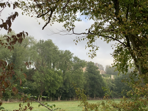 Coup d'oeil dans une ouverture de la haie pour distinguer le château d'Etelan.
