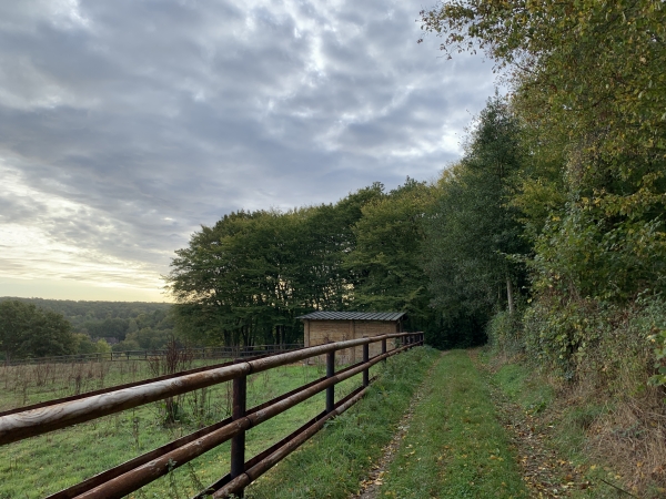 Encore un chemin qui domine la vallée de l'Oison. Après l'abri de chevaux, nous allons tourner à gauche.