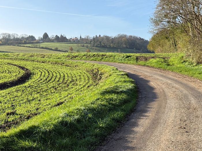 Nous montons le Chemin de la Petite Rue jusqu'au calvaire de la Croix Blanche. On distingue l'église de Venables en face.