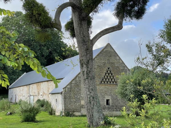Le pignon de cette grange de la ferme du Lieu de Vauville est aménagé en colombier.