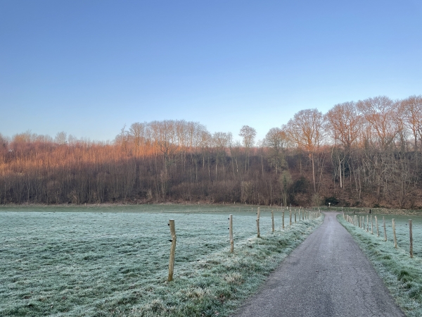 Près du lieu-dit Le Piscat, nous allons suivre la route à gauche. Quelque part en face de nous, sur la colline, se trouve le château des Groseilliers. Le château, sous le nom de Pont-Jarno, était la propriété de Jacques de Liniers, devenu vice-roi du Rio de la Plata au XIXe siècle.