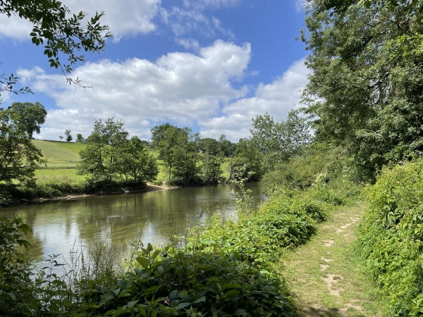 L'Orne, régulé par le barrage de Rabodanges, est ici un fleuve paisible qui serpente entre des falaises escarpées et des plaines alluviales, comme en face dans la partie concave de la boucle.
