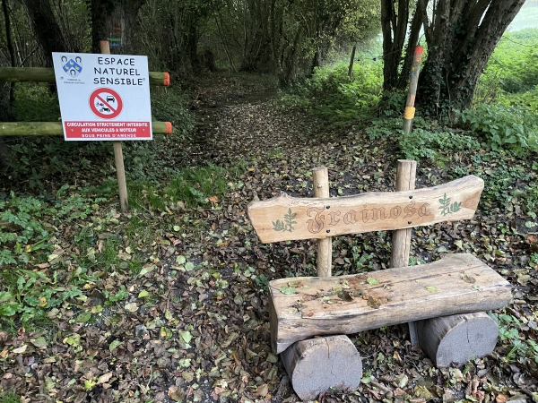 Après le gué, nous allons monter en suivant le chemin derrière ce banc. Je n'ajoute pas dans le diaporama toutes les réalisations de Rudy et Jérémy sur ce circuit, mais de nombreuses autres photos sont dans l'album de la rando.