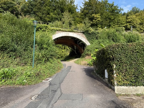 L'impasse de la Cascade passe sous la ligne Saint-Roch - Darnetal, ligne qui permet la liaison Rouen - Amiens. Notre chemin se trouve à droite, juste après le pont.