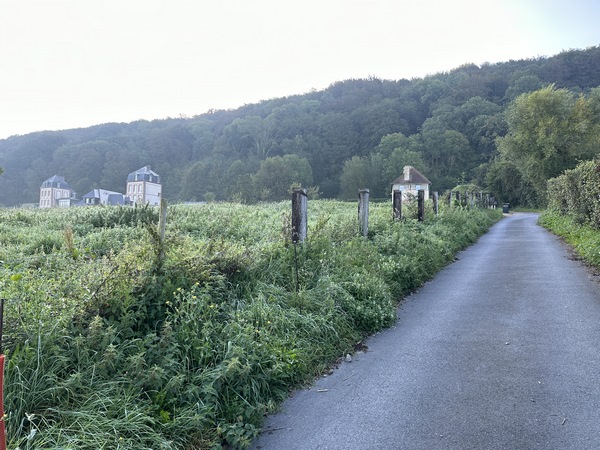 Nous montons vers le bois par le Chemin de Bretagne. On voit, à gauche, les Pavillons, curieux château dont il semble manquer le corps central. La colline semble impressionnante, mais c'est simplement dû à la hauteur des arbres.