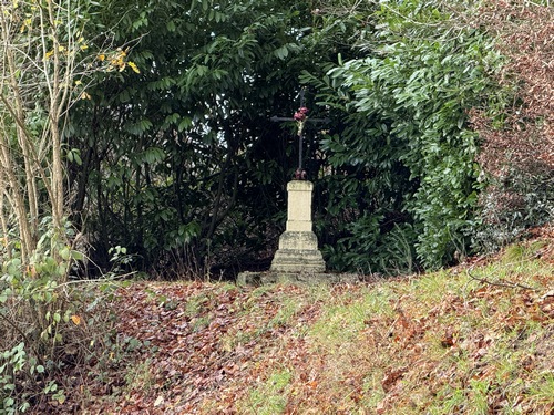 Nous quittons la Grande Rue pour descendre cette rue du Crucifix (placé sur un talus au-dessus de la rue), en direction du bourg de Daubeuf.