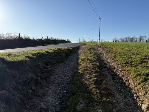 Le chemin débouche sur la D38 que nous allons suivre sur 650 mètres.