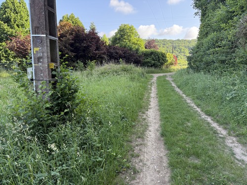 A la sortie du Sentier Botanique, la balise jaune nous indique de tourner à droite. Mais nous allons profiter du GR26 pour tourner à gauche et monter vers le manoir de Gauciel.