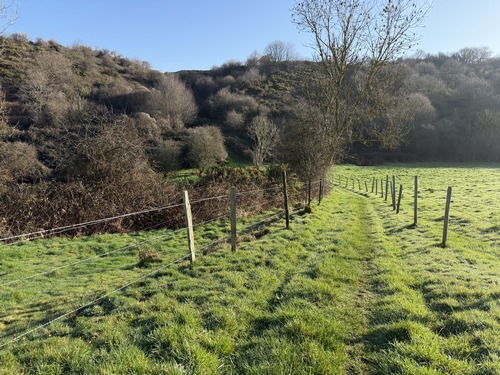 Fond de valleuse. On devine le chemin qui monte en face.